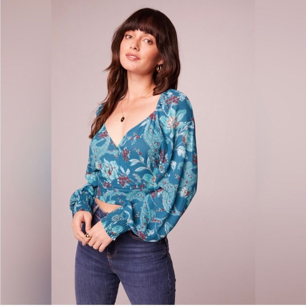 NWT B.O.G. Collective Sybille Teal Floral Crossover‎ Crop Top Boho small